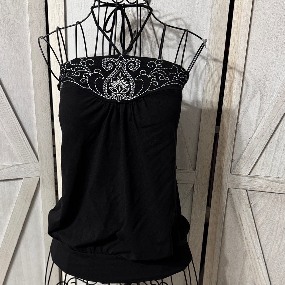 LOFT Black Halter Top with white Embroidery Size M